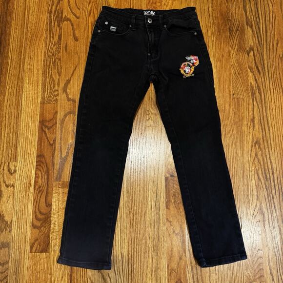 Born Fly Anytown USA Black Denim With Patches Boys Jeans Size 12 Zip Up Stretch - Picture 1 of 13